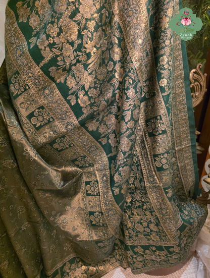 Rachita | Deep Teal Green & Antique Gold Kashmiri Pure Kani Tissue Silk Jamavar Weave Saree | Made To Order