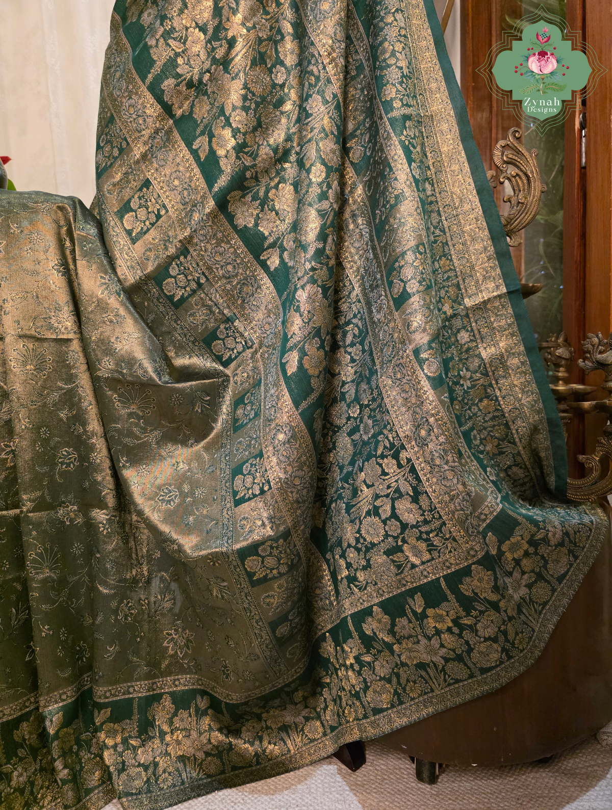 Rachita | Deep Teal Green & Antique Gold Kashmiri Pure Kani Tissue Silk Jamavar Weave Saree | Made To Order