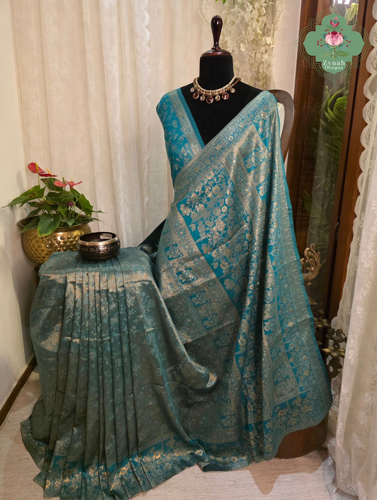Ragini | Turquoise Blue & Antique Gold Kashmiri Pure Kani Tissue Silk Jamavar Weave Saree | Made To Order
