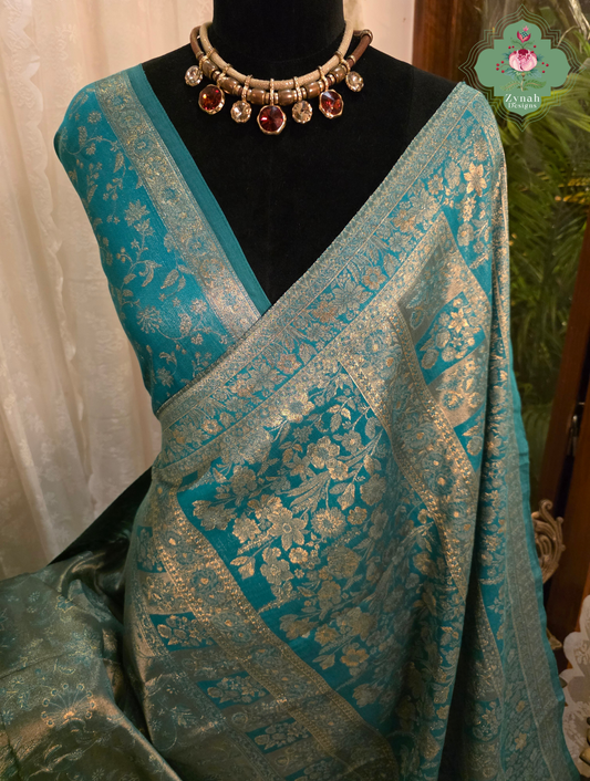 Ragini | Turquoise Blue & Antique Gold Kashmiri Pure Kani Tissue Silk Jamavar Weave Saree | Made To Order