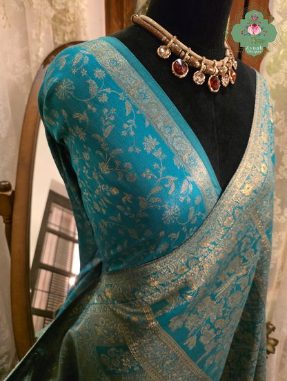 Ragini | Turquoise Blue & Antique Gold Kashmiri Pure Kani Tissue Silk Jamavar Weave Saree | Made To Order