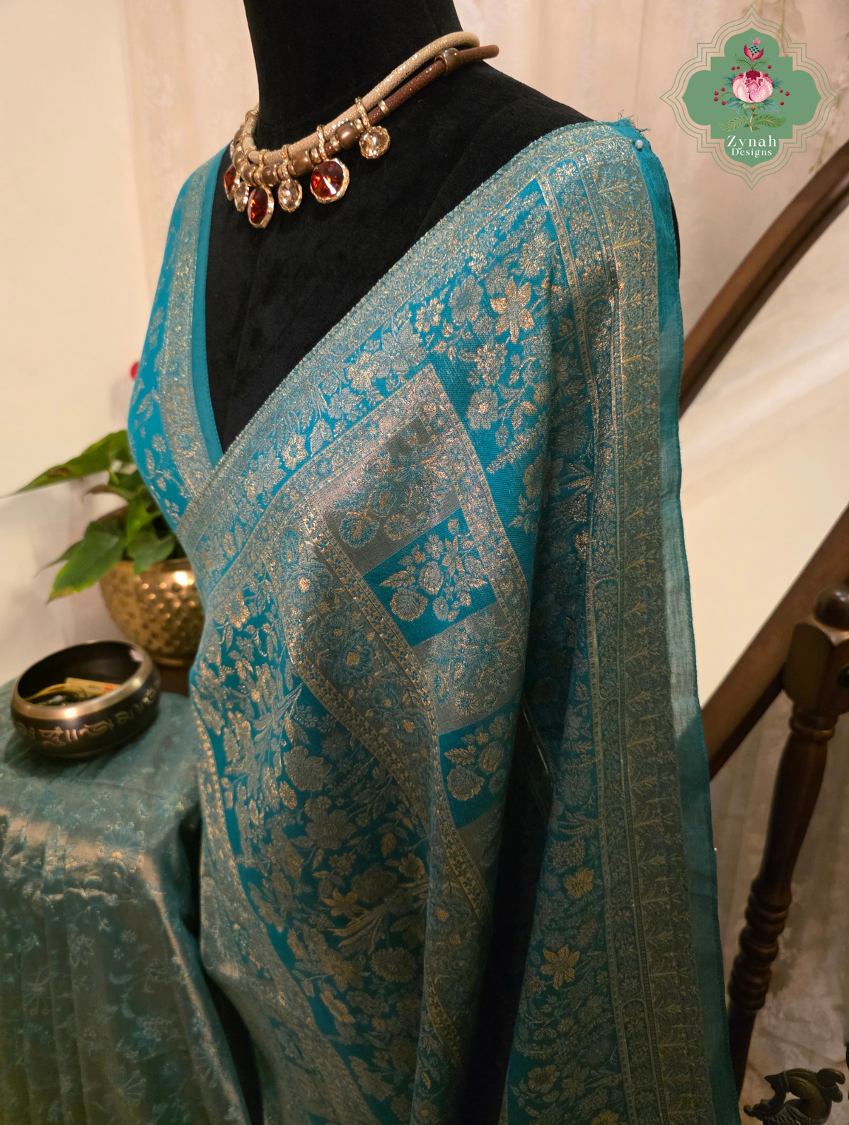 Ragini | Turquoise Blue & Antique Gold Kashmiri Pure Kani Tissue Silk Jamavar Weave Saree | Made To Order