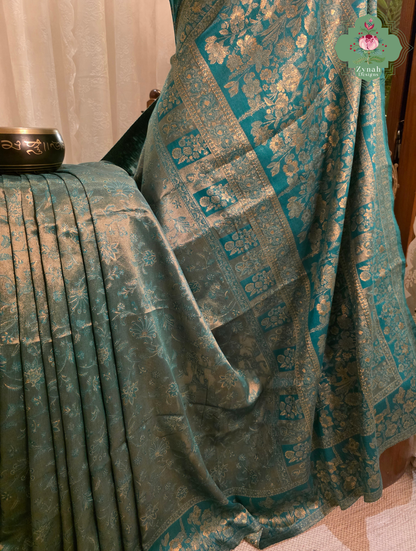 Ragini | Turquoise Blue & Antique Gold Kashmiri Pure Kani Tissue Silk Jamavar Weave Saree | Made To Order