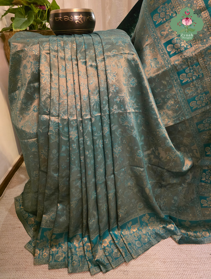 Ragini | Turquoise Blue & Antique Gold Kashmiri Pure Kani Tissue Silk Jamavar Weave Saree | Made To Order
