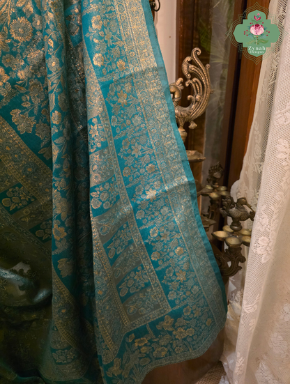 Ragini | Turquoise Blue & Antique Gold Kashmiri Pure Kani Tissue Silk Jamavar Weave Saree | Made To Order