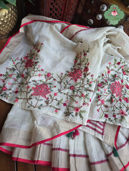 Rameen | Hand Painted Off White Linen Tissue Saree With Hand Embroidery