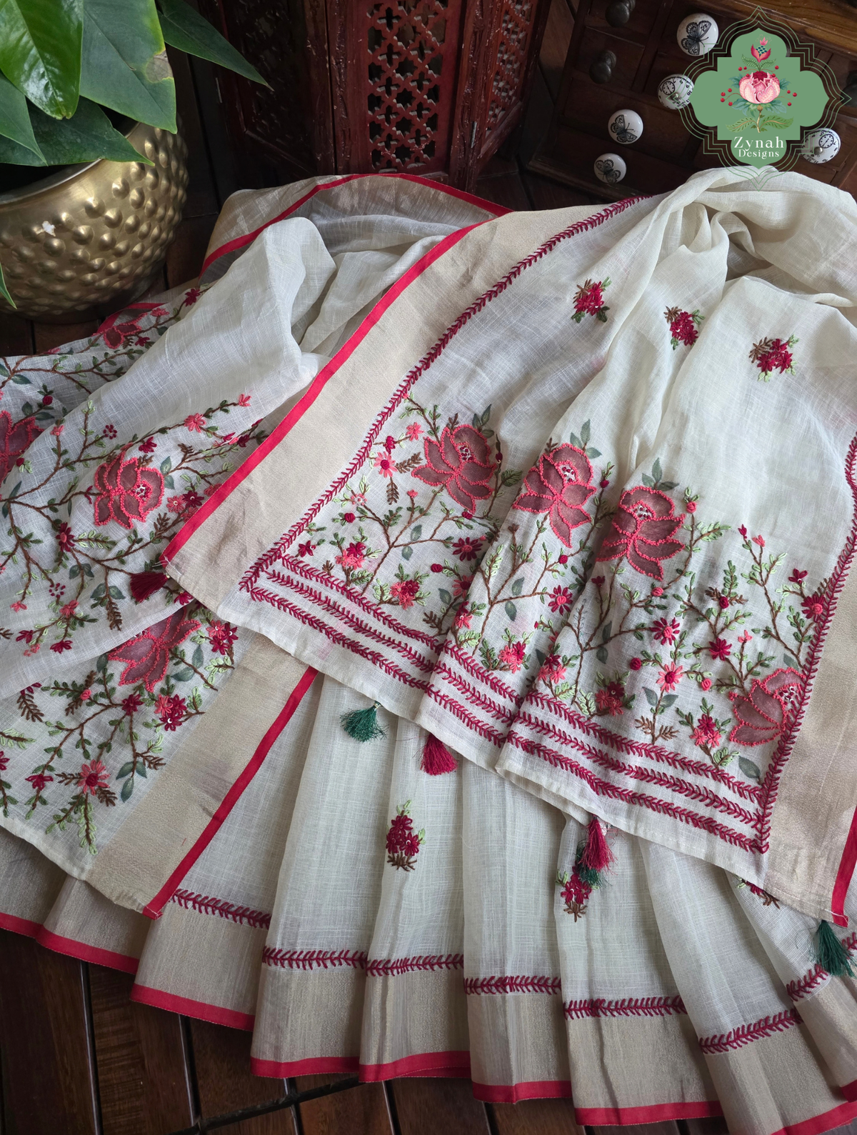 Rameen | Hand Painted Off White Linen Tissue Saree With Hand Embroidery