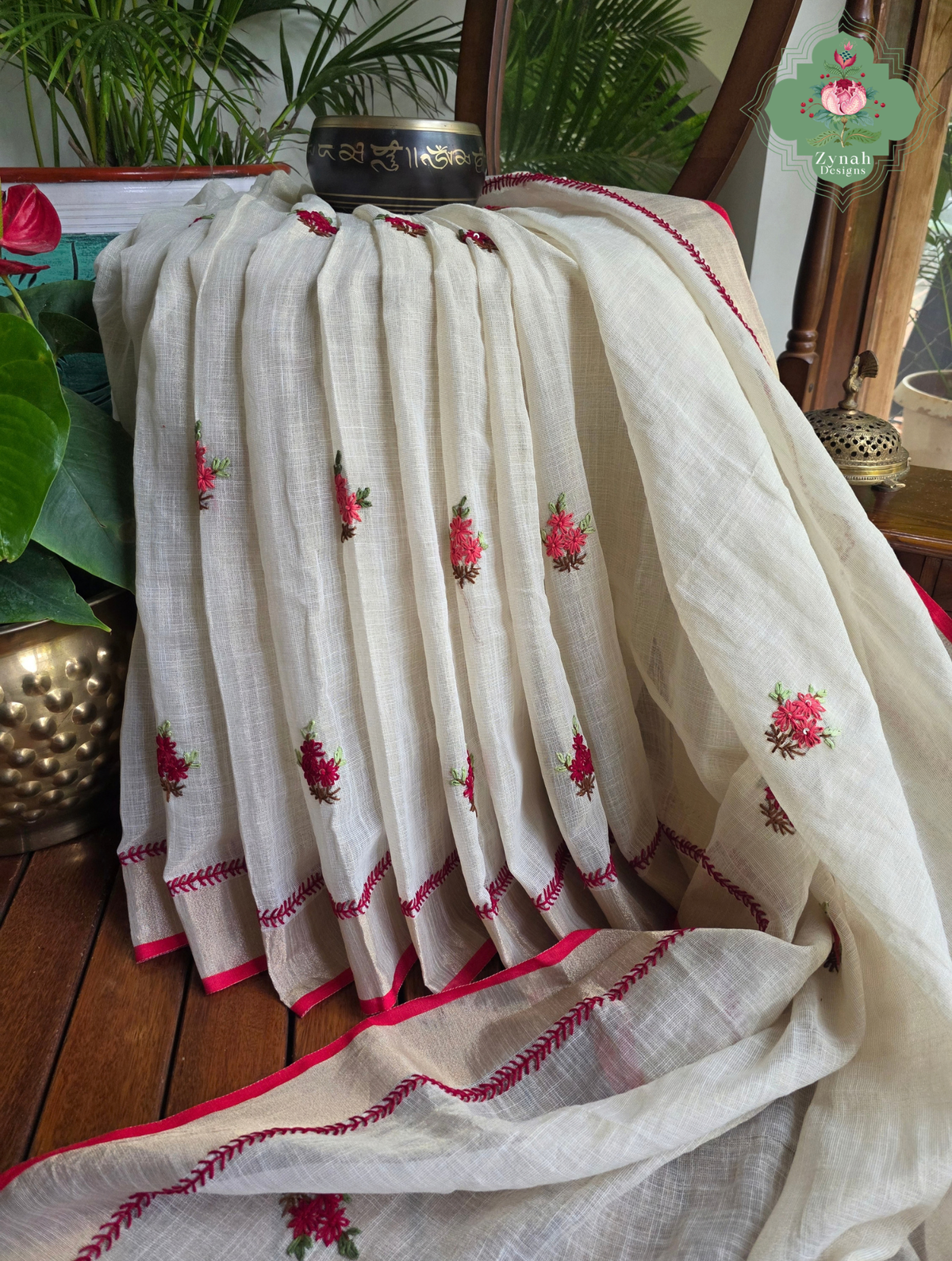 Rameen | Hand Painted Off White Linen Tissue Saree With Hand Embroidery
