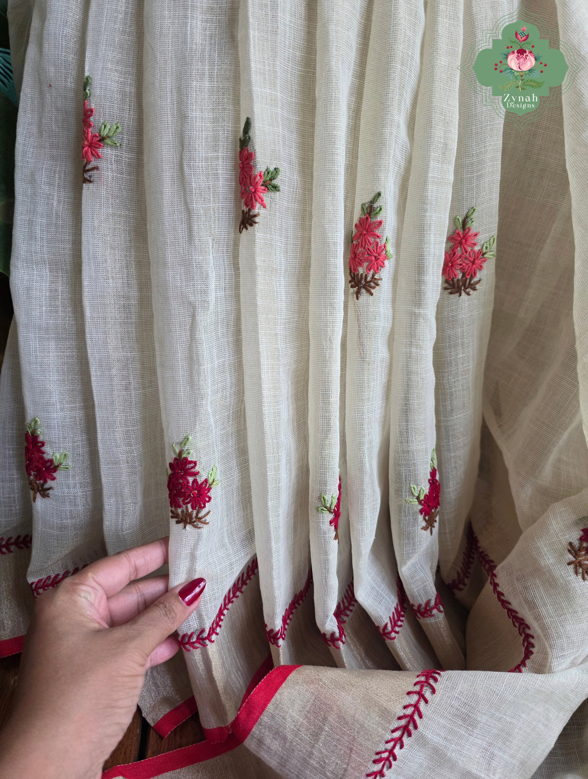 Rameen | Hand Painted Off White Linen Tissue Saree With Hand Embroidery