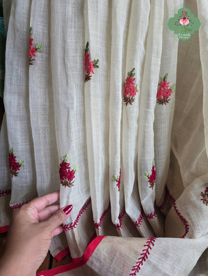 Rameen | Hand Painted Off White Linen Tissue Saree With Hand Embroidery