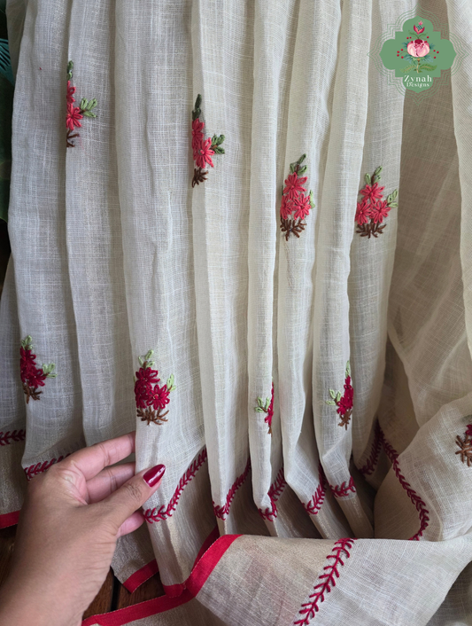 Rameen | Hand Painted Off White Linen Tissue Saree With Hand Embroidery