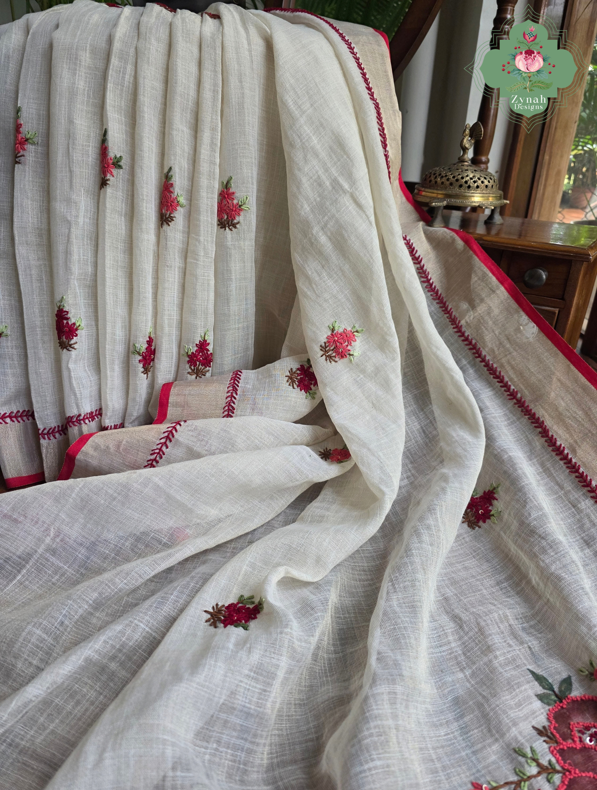 Rameen | Hand Painted Off White Linen Tissue Saree With Hand Embroidery