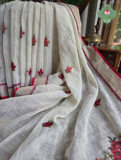 Rameen | Hand Painted Off White Linen Tissue Saree With Hand Embroidery