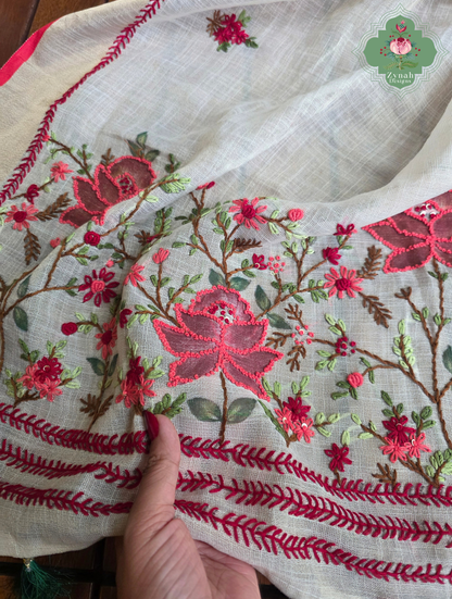Rameen | Hand Painted Off White Linen Tissue Saree With Hand Embroidery