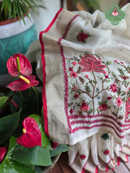 Rameen | Hand Painted Off White Linen Tissue Saree With Hand Embroidery
