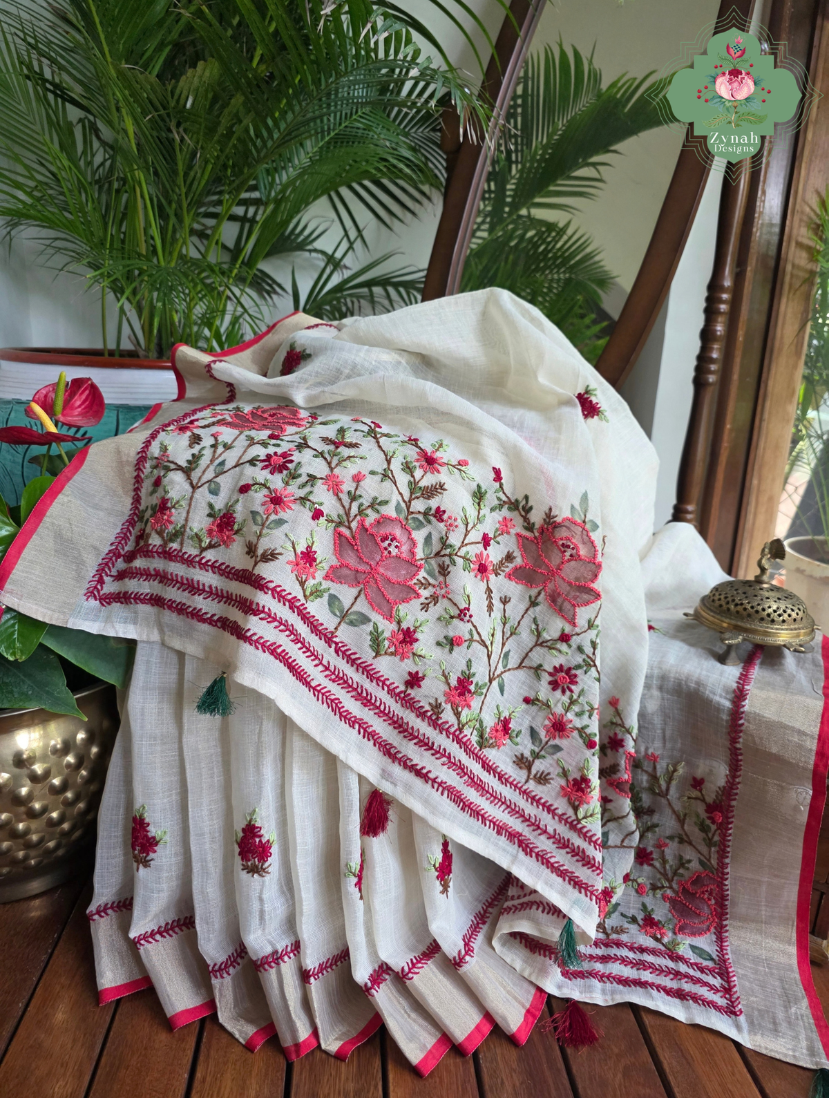 Rameen | Hand Painted Off White Linen Tissue Saree With Hand Embroidery