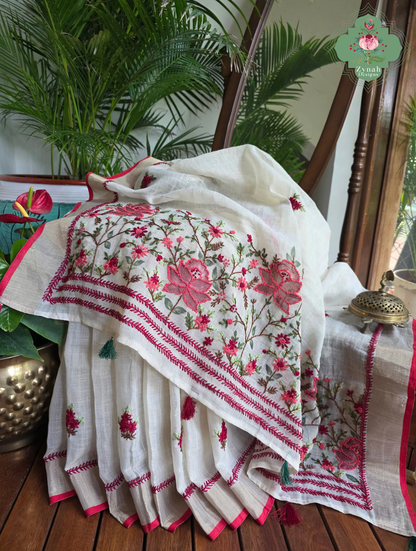 Rameen | Hand Painted Off White Linen Tissue Saree With Hand Embroidery