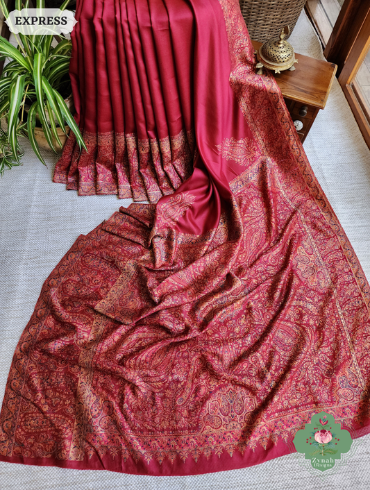 Zynah Red Kashmiri Pure Kani Silk Jamavar Saree; Custom Stitched/Ready-made Blouse, Fall, Petticoat; SKU: 0703202504