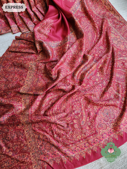 Zynah Red Kashmiri Pure Kani Silk Jamavar Saree; Custom Stitched/Ready-made Blouse, Fall, Petticoat; SKU: 0703202504