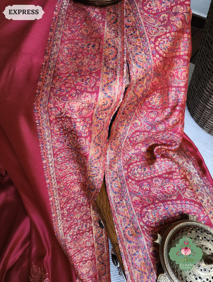 Zynah Red Kashmiri Pure Kani Silk Jamavar Saree; Custom Stitched/Ready-made Blouse, Fall, Petticoat; SKU: 0703202504