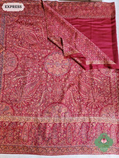 Zynah Red Kashmiri Pure Kani Silk Jamavar Saree; Custom Stitched/Ready-made Blouse, Fall, Petticoat; SKU: 0703202504