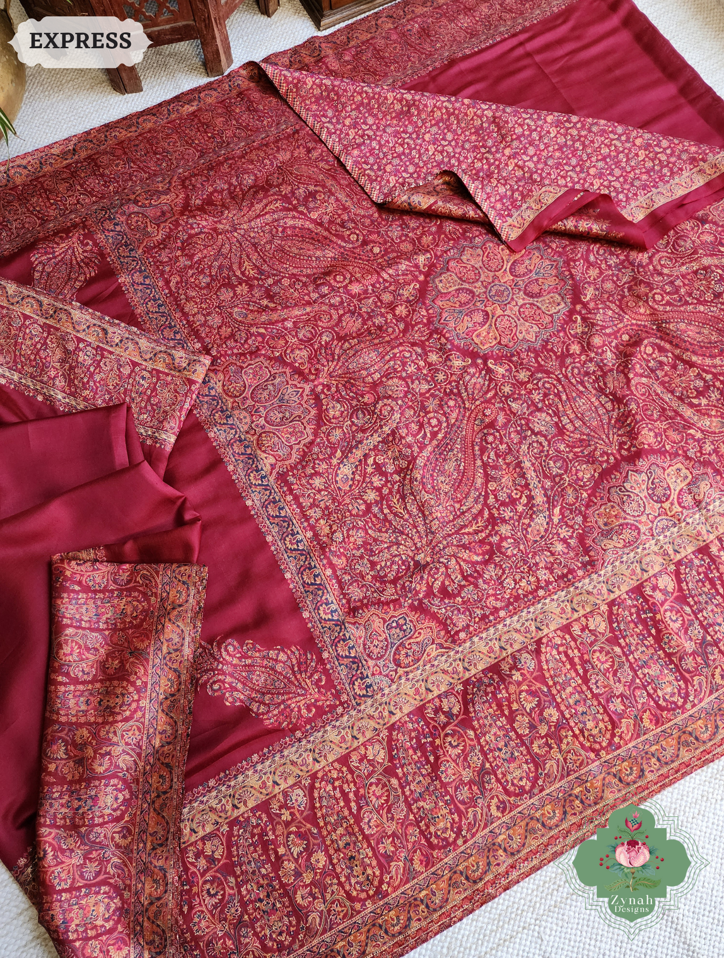 Zynah Red Kashmiri Pure Kani Silk Jamavar Saree; Custom Stitched/Ready-made Blouse, Fall, Petticoat; SKU: 0703202504