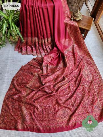 Zynah Red Kashmiri Pure Kani Silk Jamavar Saree | Kashmiri Traditional Pashmina Pure Silk Kani Saree; Custom Stitched/Ready-made Blouse, Fall, Petticoat; SKU: 0703202504