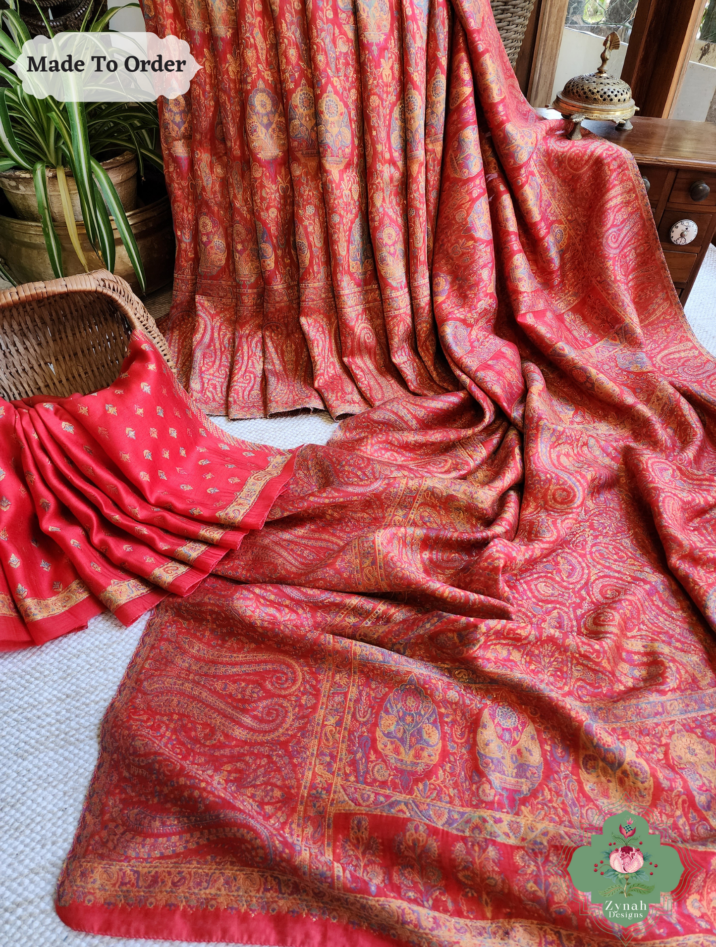 Zynah Red Kashmiri Pure Kani Silk Jamavar Saree; Custom Stitched/Ready-made Blouse, Fall, Petticoat; SKU: 0703202506
