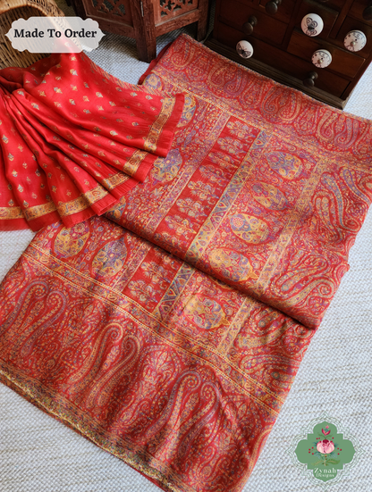 Zynah Red Kashmiri Pure Kani Silk Jamavar Saree; Custom Stitched/Ready-made Blouse, Fall, Petticoat; SKU: 0703202506