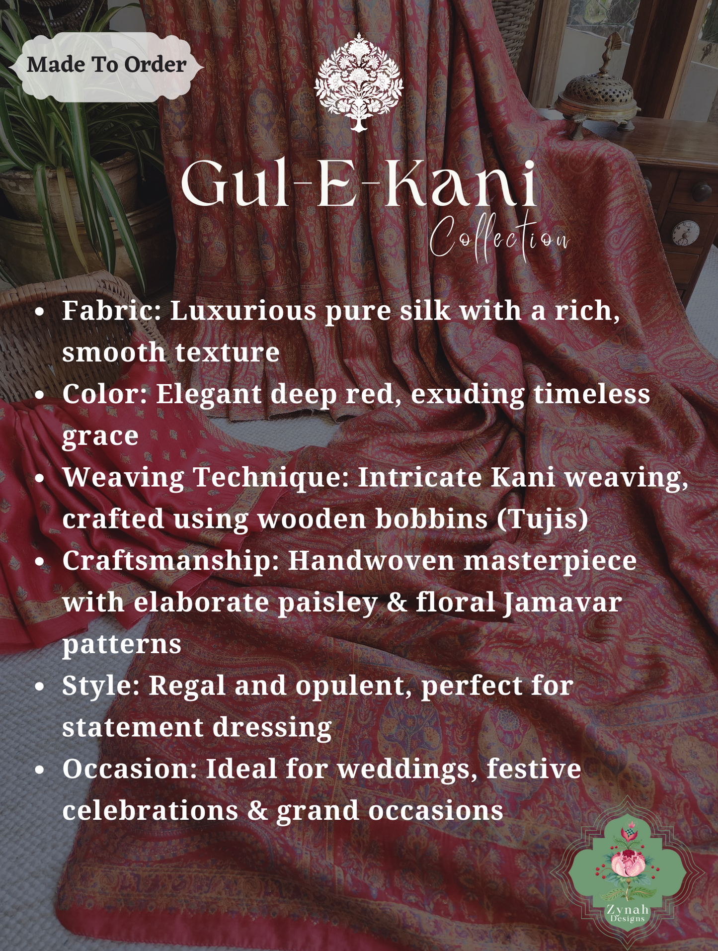 Zynah Red Kashmiri Pure Kani Silk Jamavar Saree; Custom Stitched/Ready-made Blouse, Fall, Petticoat; SKU: 0703202506