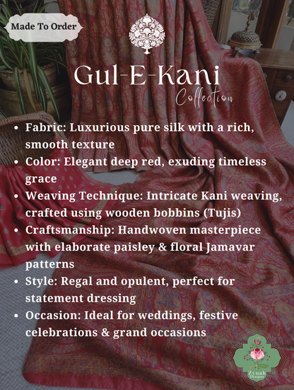 Zynah Red Kashmiri Pure Kani Silk Jamavar Saree; Custom Stitched/Ready-made Blouse, Fall, Petticoat; SKU: 0703202506