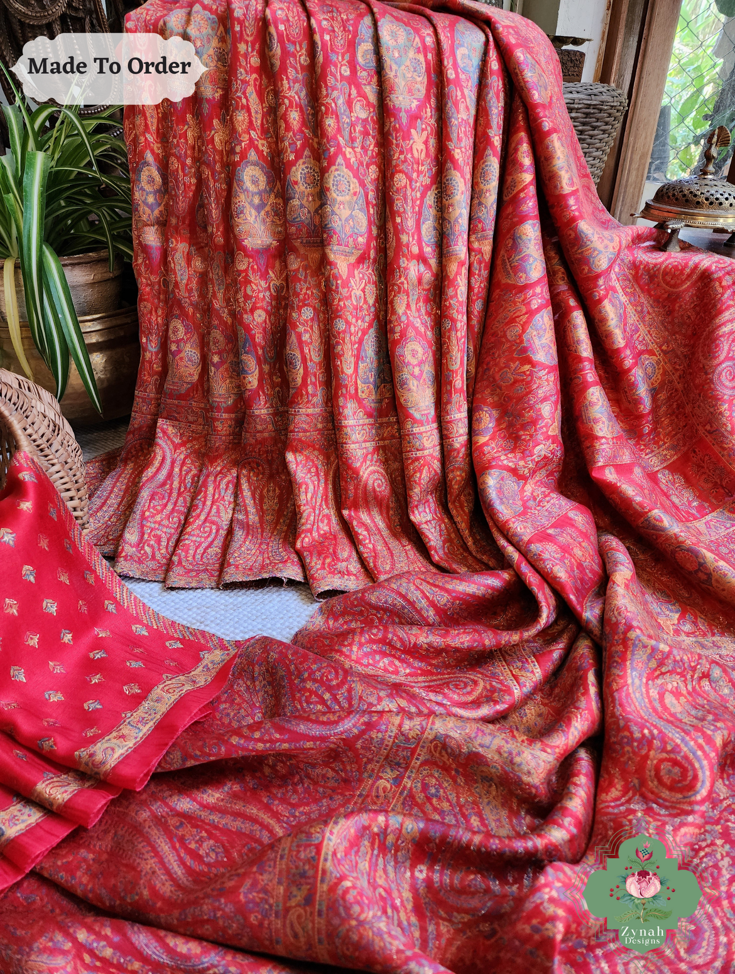 Zynah Red Kashmiri Pure Kani Silk Jamavar Saree; Custom Stitched/Ready-made Blouse, Fall, Petticoat; SKU: 0703202506