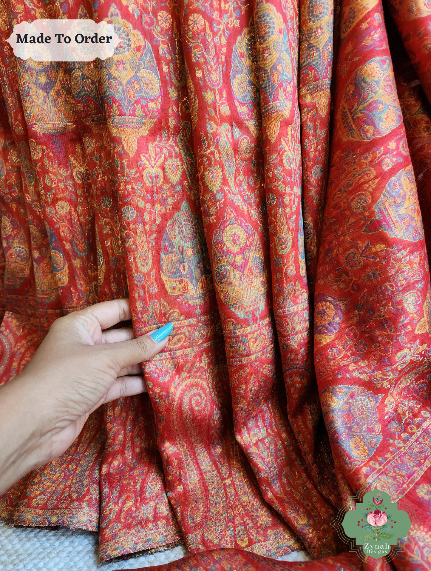 Zynah Red Kashmiri Pure Kani Silk Jamavar Saree; Custom Stitched/Ready-made Blouse, Fall, Petticoat; SKU: 0703202506