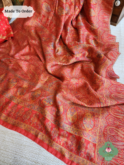 Zynah Red Kashmiri Pure Kani Silk Jamavar Saree; Custom Stitched/Ready-made Blouse, Fall, Petticoat; SKU: 0703202506