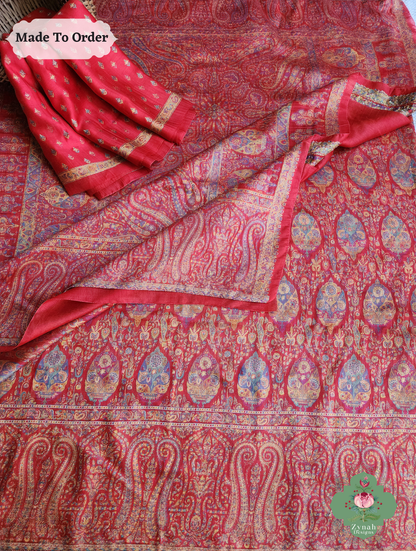 Zynah Red Kashmiri Pure Kani Silk Jamavar Saree; Custom Stitched/Ready-made Blouse, Fall, Petticoat; SKU: 0703202506