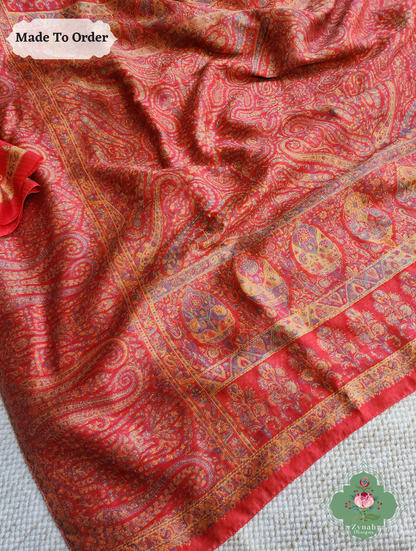 Zynah Red Kashmiri Pure Kani Silk Jamavar Saree; Custom Stitched/Ready-made Blouse, Fall, Petticoat; SKU: 0703202506