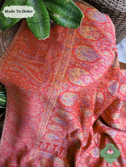 Zynah Red Kashmiri Pure Kani Silk Jamavar Saree; Custom Stitched/Ready-made Blouse, Fall, Petticoat; SKU: 0703202506