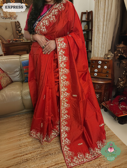 Zynah Red Pure Bangalori Silk Saree With Hand Embellished Sequins, Pearl & Pita Work; Custom Stitched/Ready-made Blouse, Fall, Petticoat; SKU: 2602202502