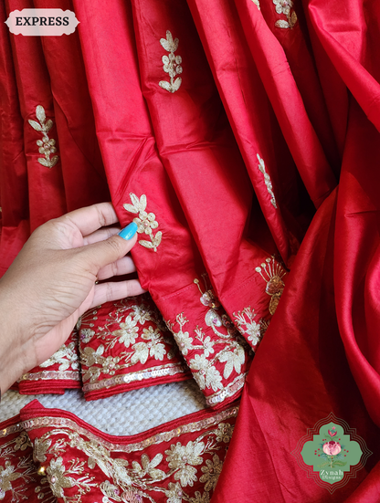 Zynah Red Pure Bangalori Silk Saree With Hand Embellished Sequins, Pearl & Pita Work; Custom Stitched/Ready-made Blouse, Fall, Petticoat; SKU: 2602202502