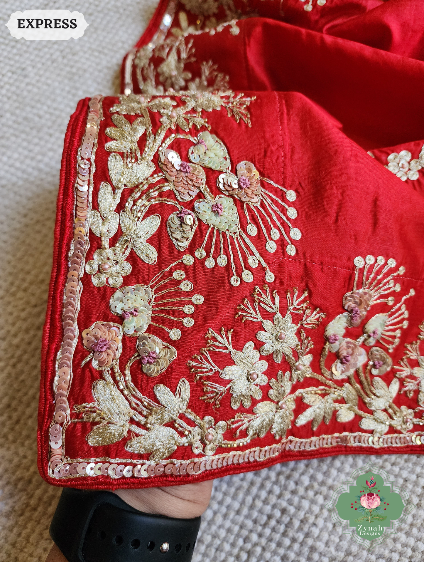 Zynah Red Pure Bangalori Silk Saree With Hand Embellished Sequins, Pearl & Pita Work; Custom Stitched/Ready-made Blouse, Fall, Petticoat; SKU: 2602202502
