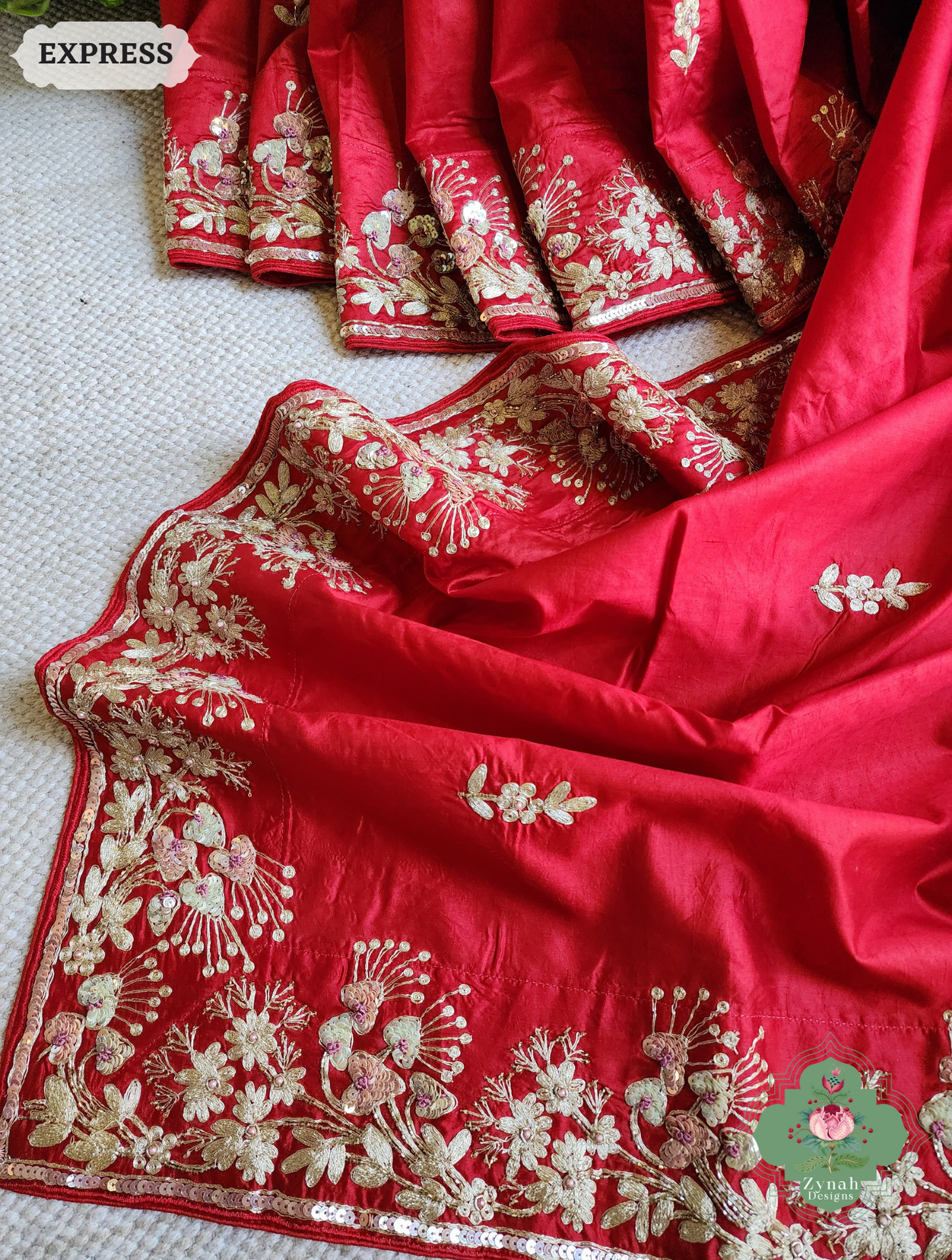 Zynah Red Pure Bangalori Silk Saree With Hand Embellished Sequins, Pearl & Pita Work; Custom Stitched/Ready-made Blouse, Fall, Petticoat; SKU: 2602202502