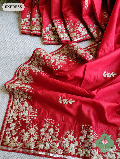 Zynah Red Pure Bangalori Silk Saree With Hand Embellished Sequins, Pearl & Pita Work; Custom Stitched/Ready-made Blouse, Fall, Petticoat; SKU: 2602202502