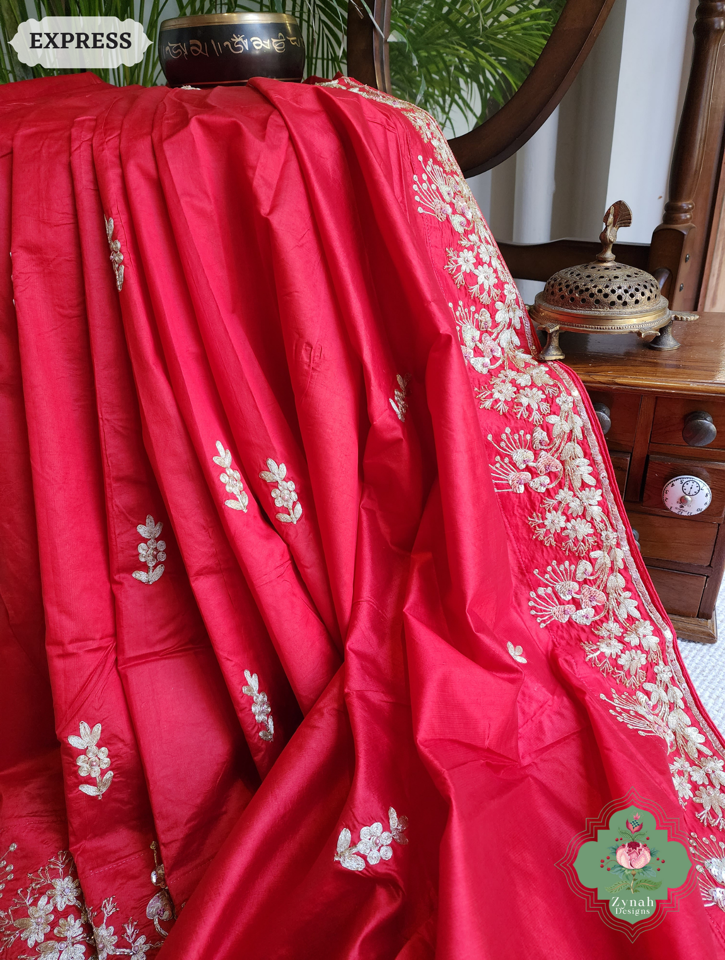 Zynah Red Pure Bangalori Silk Saree With Hand Embellished Sequins, Pearl & Pita Work; Custom Stitched/Ready-made Blouse, Fall, Petticoat; SKU: 2602202502