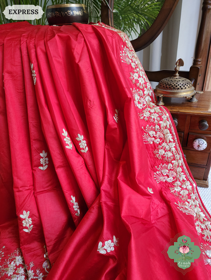 Zynah Red Pure Bangalori Silk Saree With Hand Embellished Sequins, Pearl & Pita Work; Custom Stitched/Ready-made Blouse, Fall, Petticoat; SKU: 2602202502