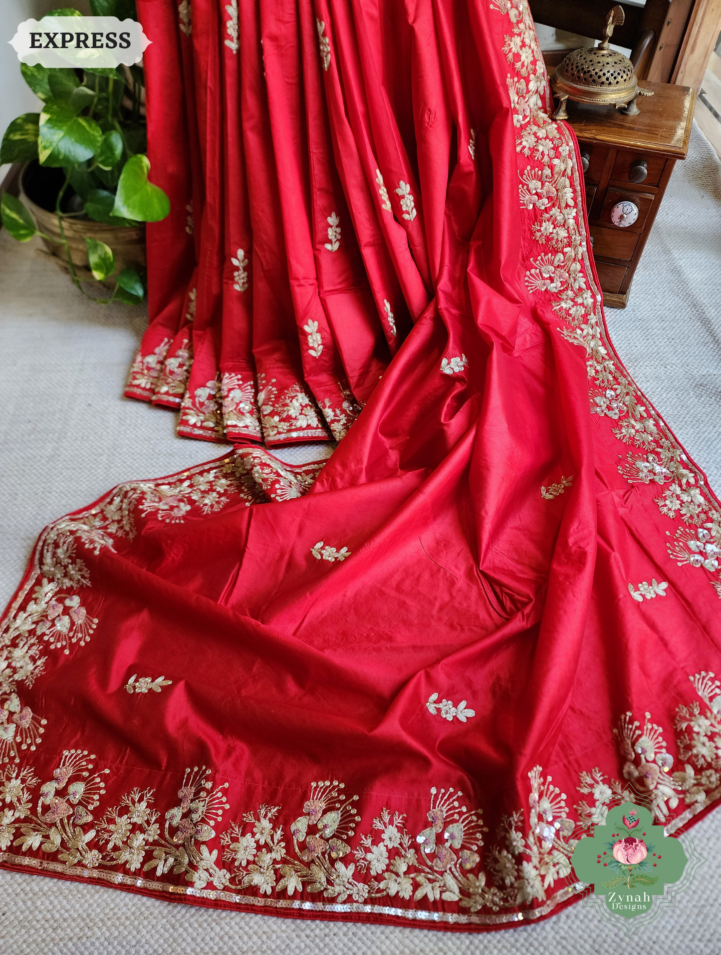 Zynah Red Pure Bangalori Silk Saree With Hand Embellished Sequins, Pearl & Pita Work; Custom Stitched/Ready-made Blouse, Fall, Petticoat; SKU: 2602202502