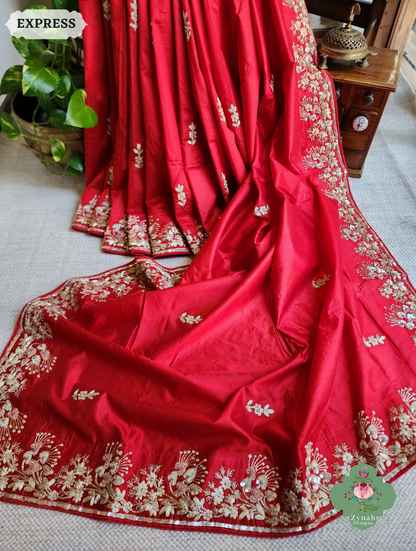 Zynah Red Pure Bangalori Silk Saree With Hand Embellished Sequins, Pearl & Pita Work; Custom Stitched/Ready-made Blouse, Fall, Petticoat; SKU: 2602202502