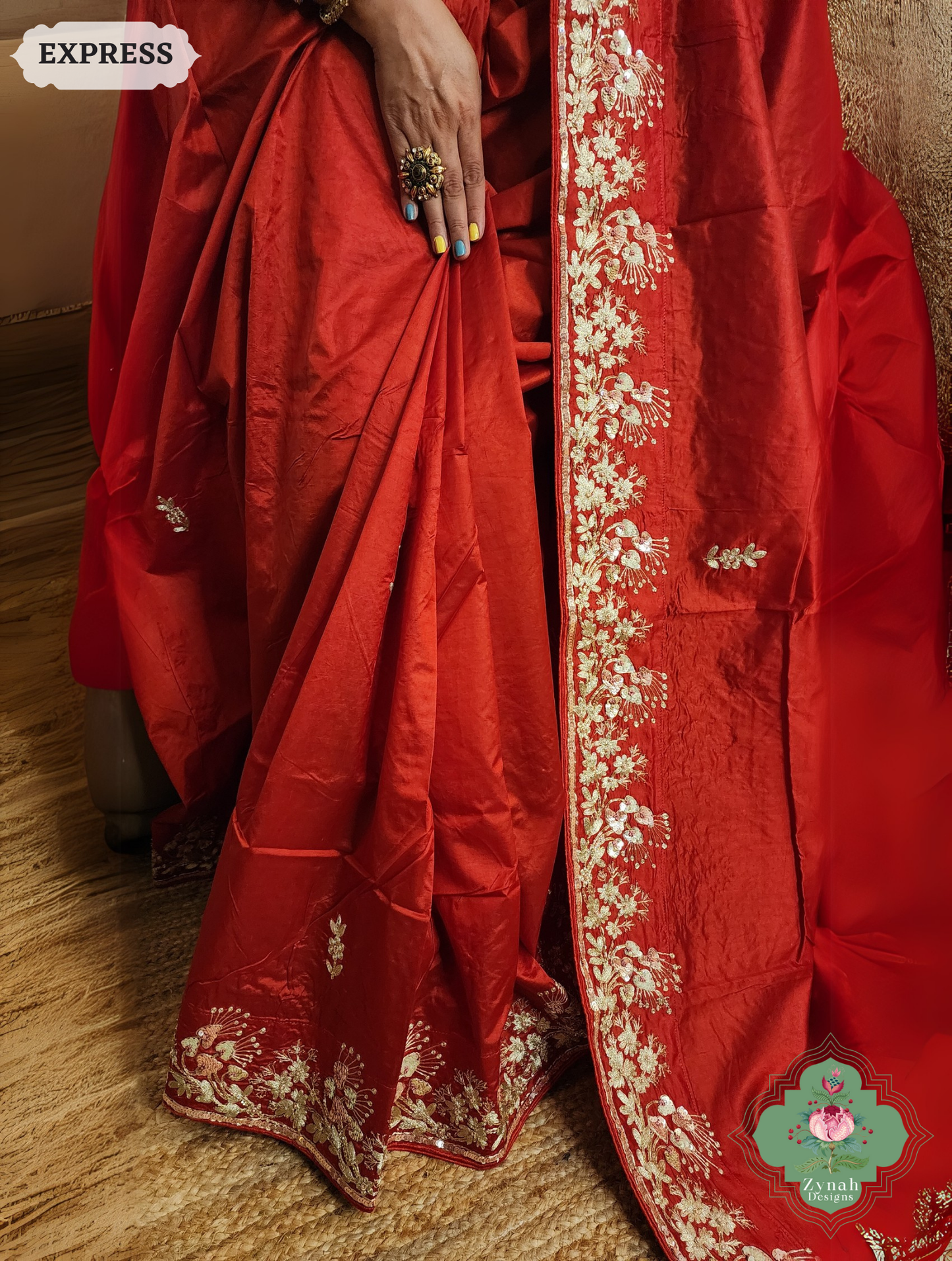Zynah Red Pure Bangalori Silk Saree With Hand Embellished Sequins, Pearl & Pita Work; Custom Stitched/Ready-made Blouse, Fall, Petticoat; SKU: 2602202502