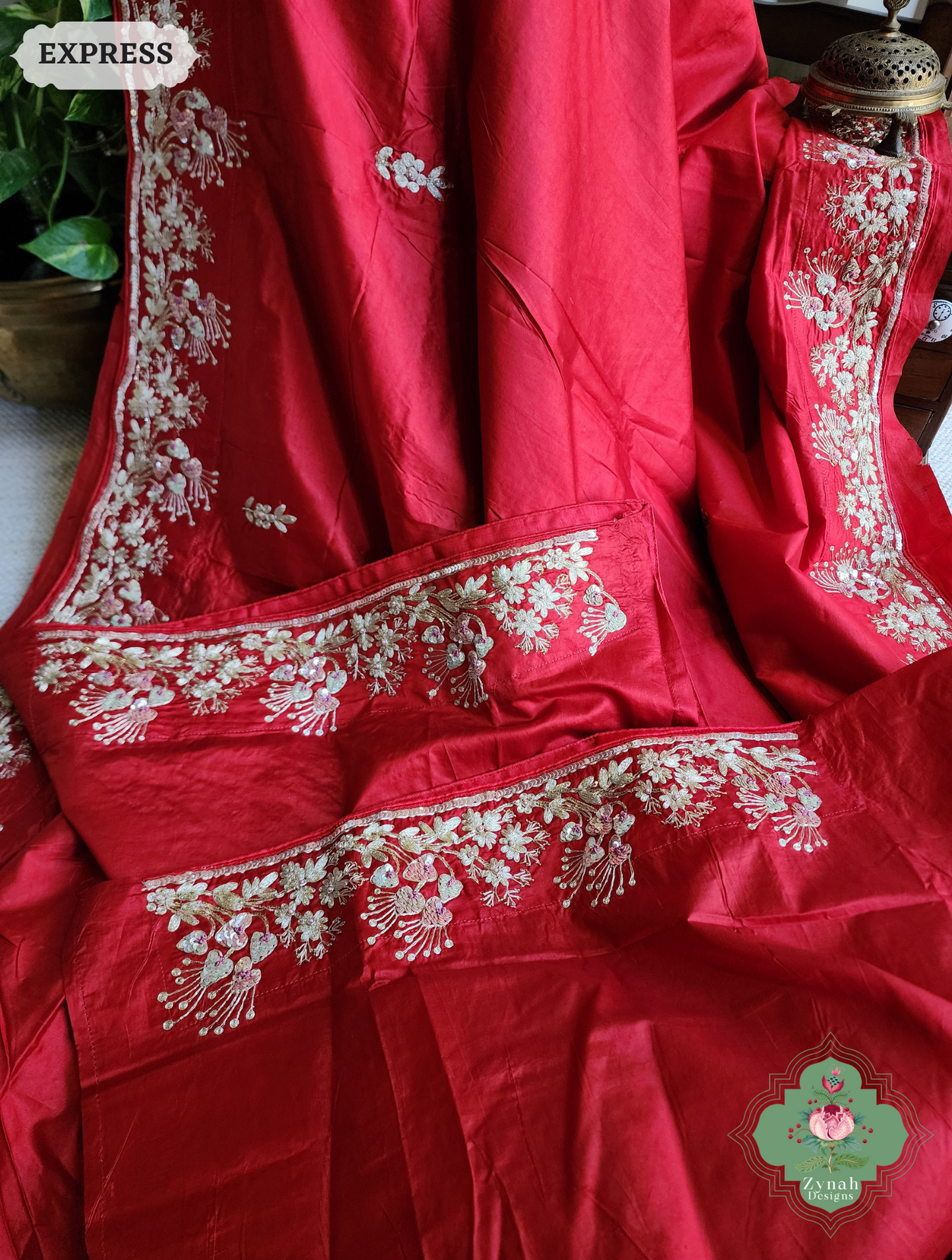 Zynah Red Pure Bangalori Silk Saree With Hand Embellished Sequins, Pearl & Pita Work; Custom Stitched/Ready-made Blouse, Fall, Petticoat; SKU: 2602202502