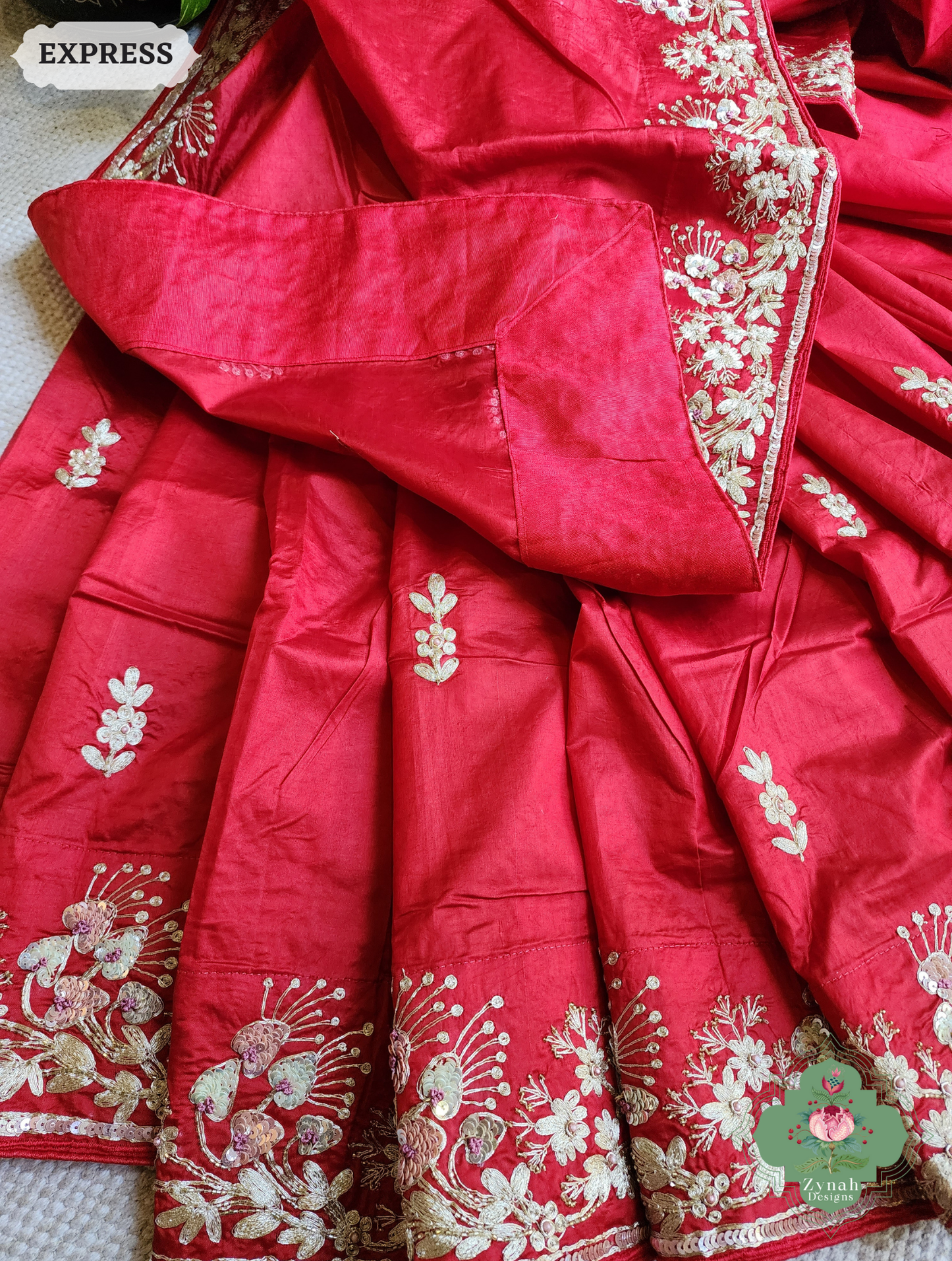 Zynah Red Pure Bangalori Silk Saree With Hand Embellished Sequins, Pearl & Pita Work; Custom Stitched/Ready-made Blouse, Fall, Petticoat; SKU: 2602202502