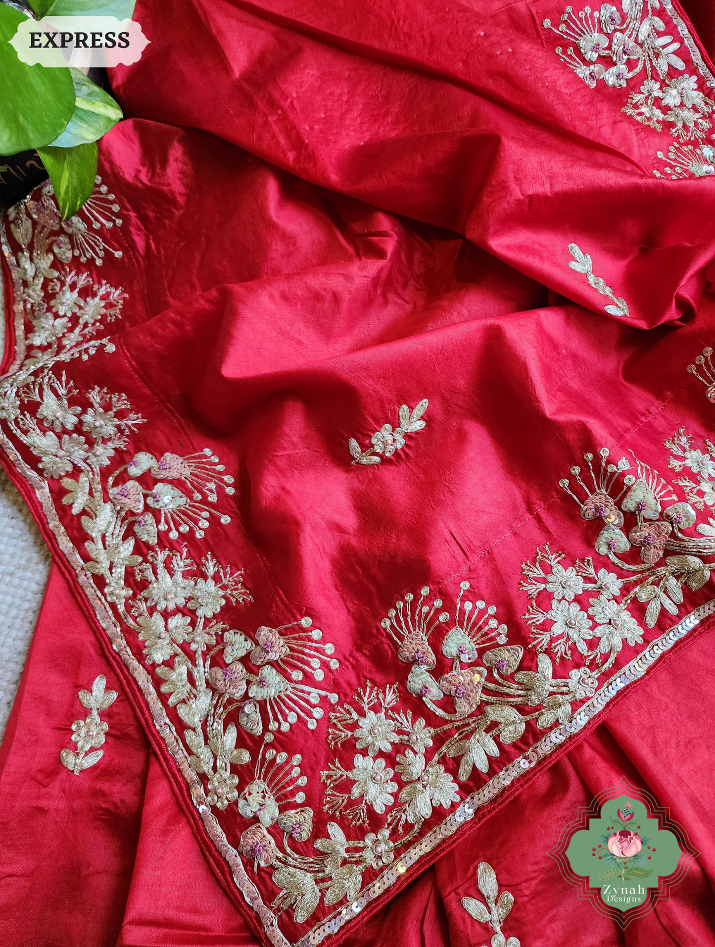 Zynah Red Pure Bangalori Silk Saree With Hand Embellished Sequins, Pearl & Pita Work; Custom Stitched/Ready-made Blouse, Fall, Petticoat; SKU: 2602202502